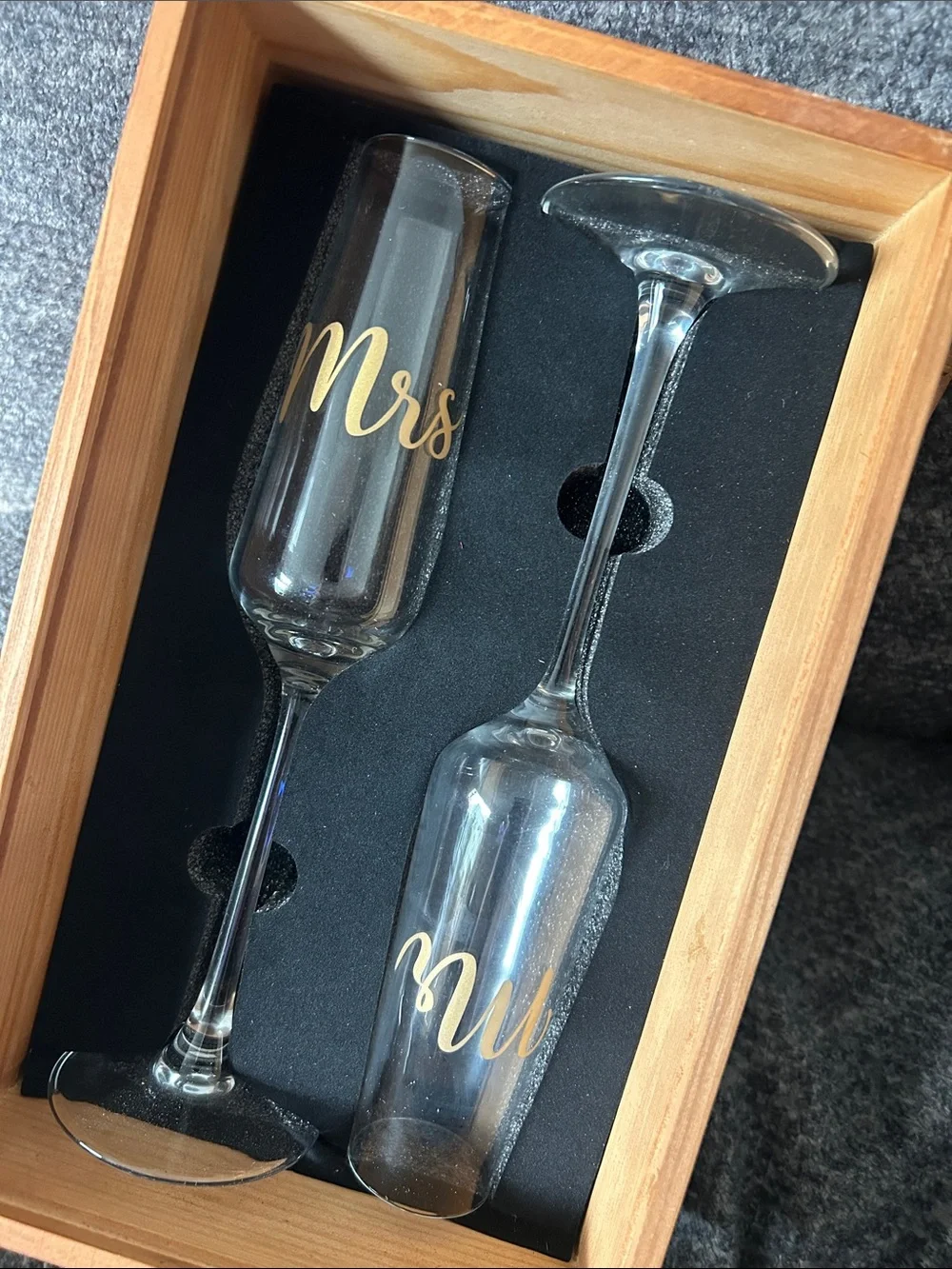 Mr & Mrs Champagne Glasses in Wooden Box  - Natural Brown